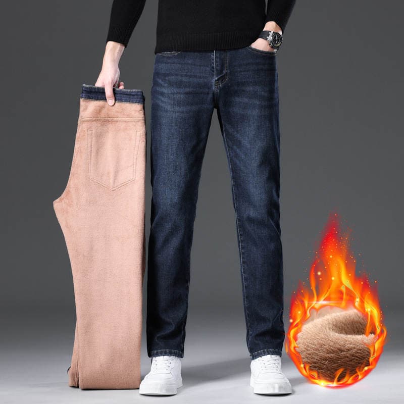 fleece-lined Thickened Jeans Men's Elastic Straight 2024 Winter New Casual Warm Pants Washed Wear-resistant 4