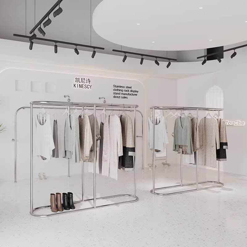 Display Racks for Clothing Stores, Trendy Clothing Racks, Movable Stainless Steel Floor-Standing Island Clothing Display Racks 2