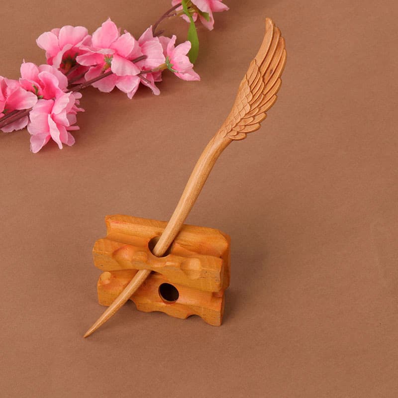 Double-sided carved mahogany hairpin-feather