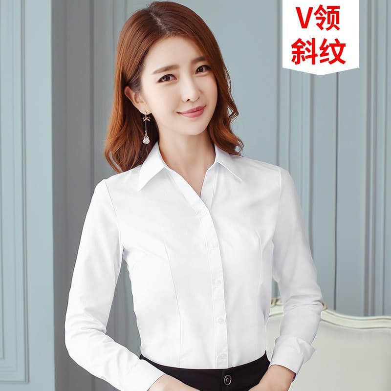 [V collar] white twill long sleeve