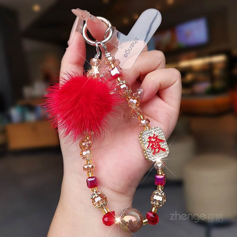 Mobile Phone Chain Pendant for Women to Make Money, Crystal Fur Ball Beaded Wrist Rope, Short Style for Outdoor Travel, Shopping and Taking Photos 1