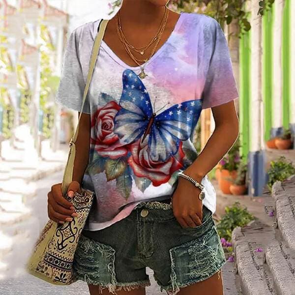 [Customized Processing] Cross-Border Short-Sleeved Tops with 3D Digital Butterfly Print Women's Short-Sleeved T-Shirts for Export Women's Clothing