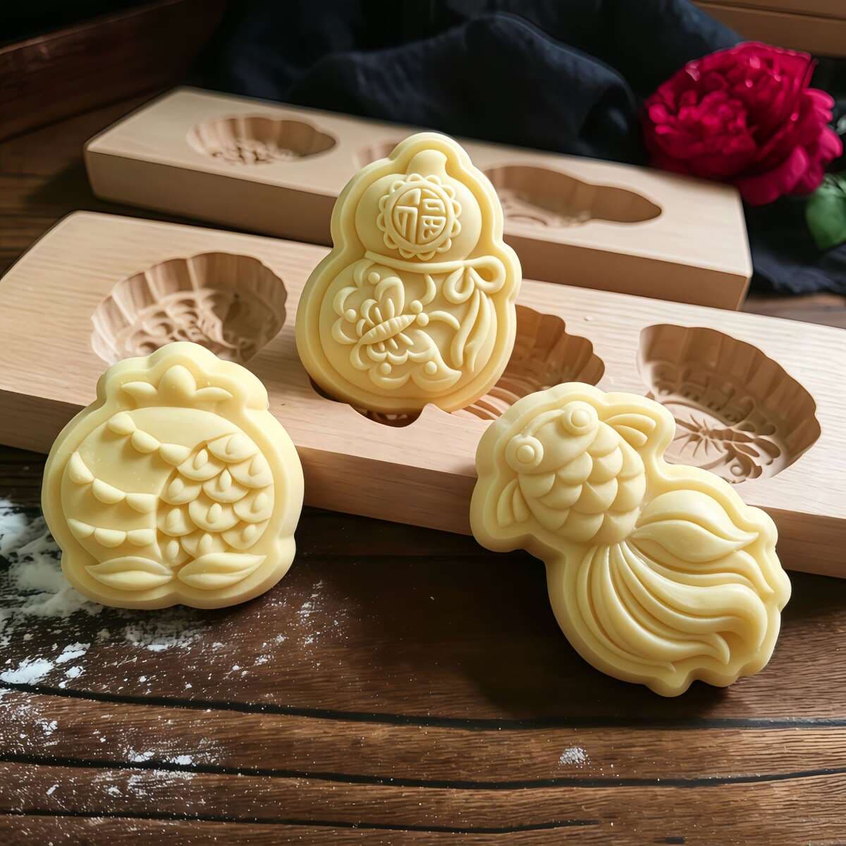 Original Wooden 3D Qixi Festival Pastry Mold, Chinese-Style Handmade Mung Bean Cake Mold 2