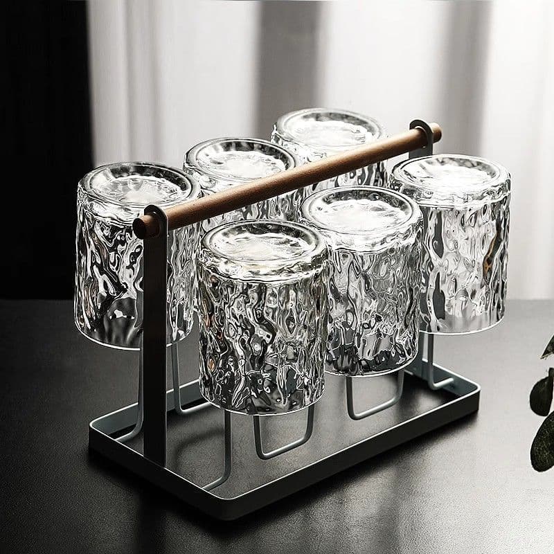 Six water cups + black metal cup holder