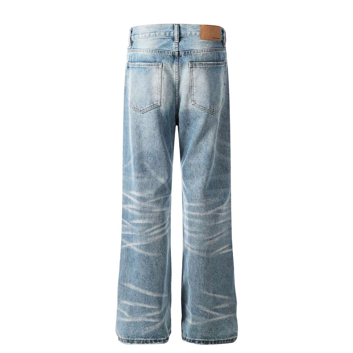 Fx067 American Retro High Street Style Unisex High-End Washed Blue Design Men's Loose Flared Jeans 3