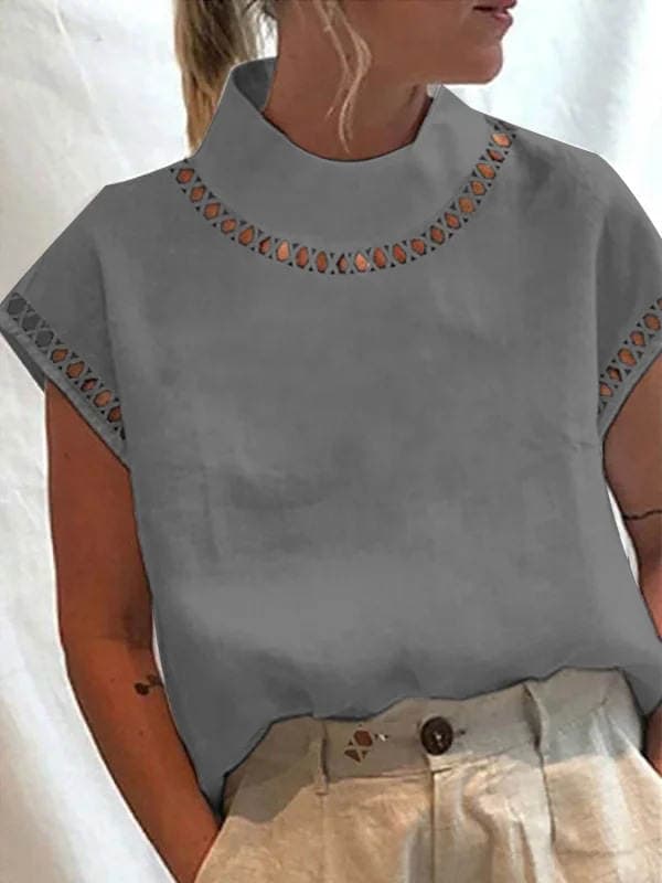wish Independent Station Women's Solid Color Hollow Top Casual High Collar Linen Lace Breathable Shirt Spot 1