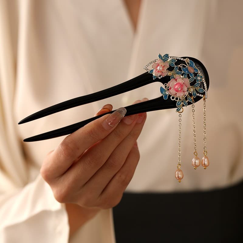 U-shaped sandalwood hairpin [peony in full bloom]