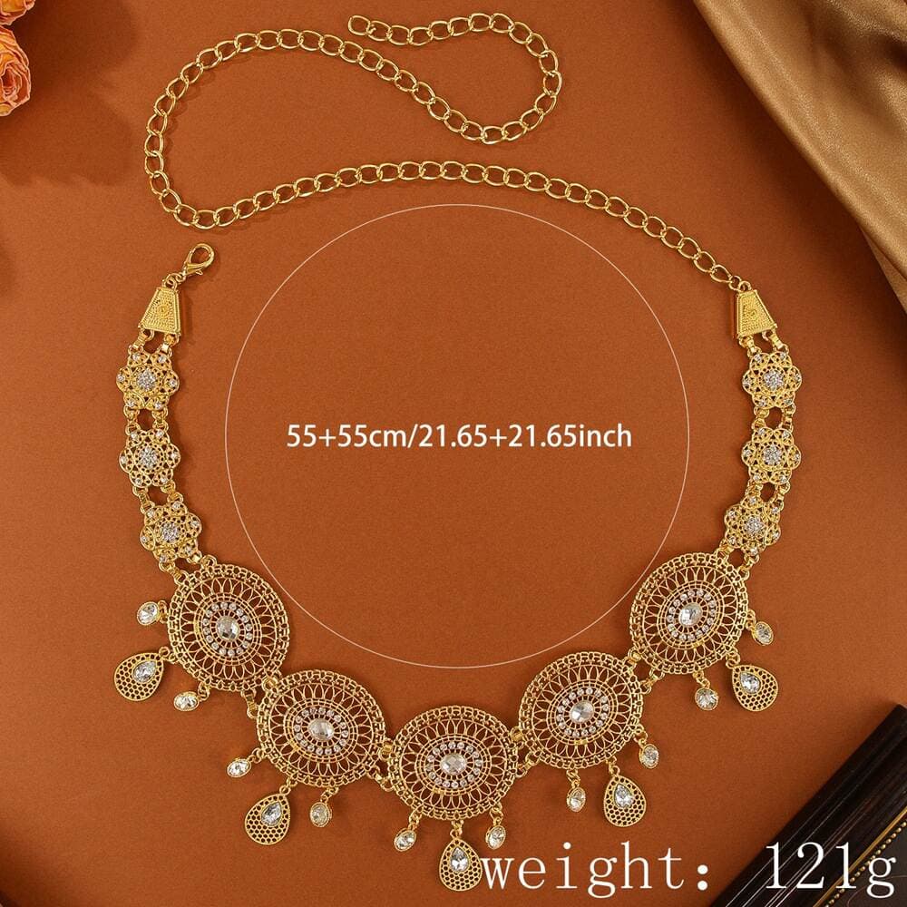 Dunhuang exotic ethnic waist ornaments golden geometric oval alloy hollow diamond tassel waist chain belt women 2