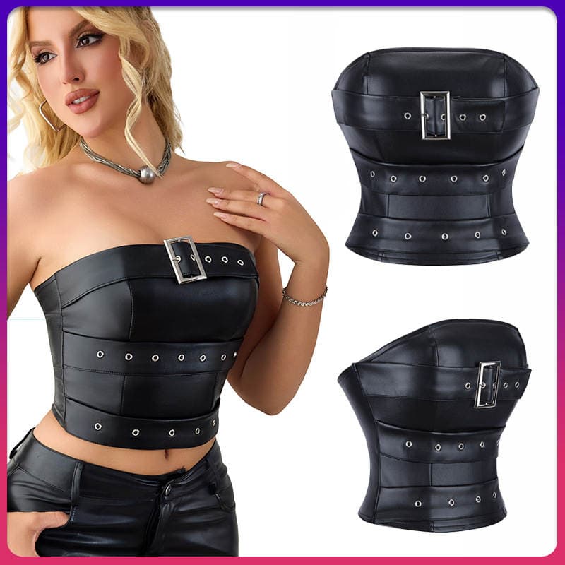 New Gothic Corset Pu Waist Cincher with Metal Decoration Steampunk Style Sexy Waist-Revealing Bustier Tank Top 1