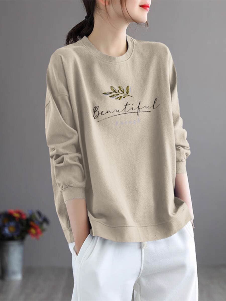 Qadınlar üçün Dəyirmi Yaxalı, Uzunqol, Gündəlik, Zərif, Yaş Azaldan Təmiz Pambıq T-shirt. 1