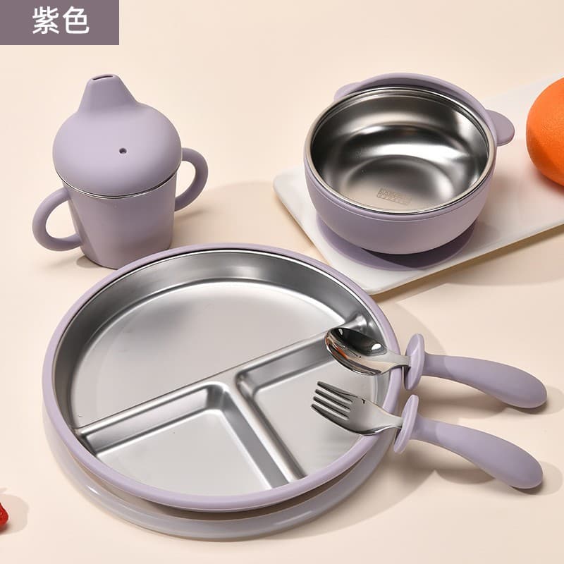 Light purple [bear bowl + cup + 20cm plate + fork + lid]