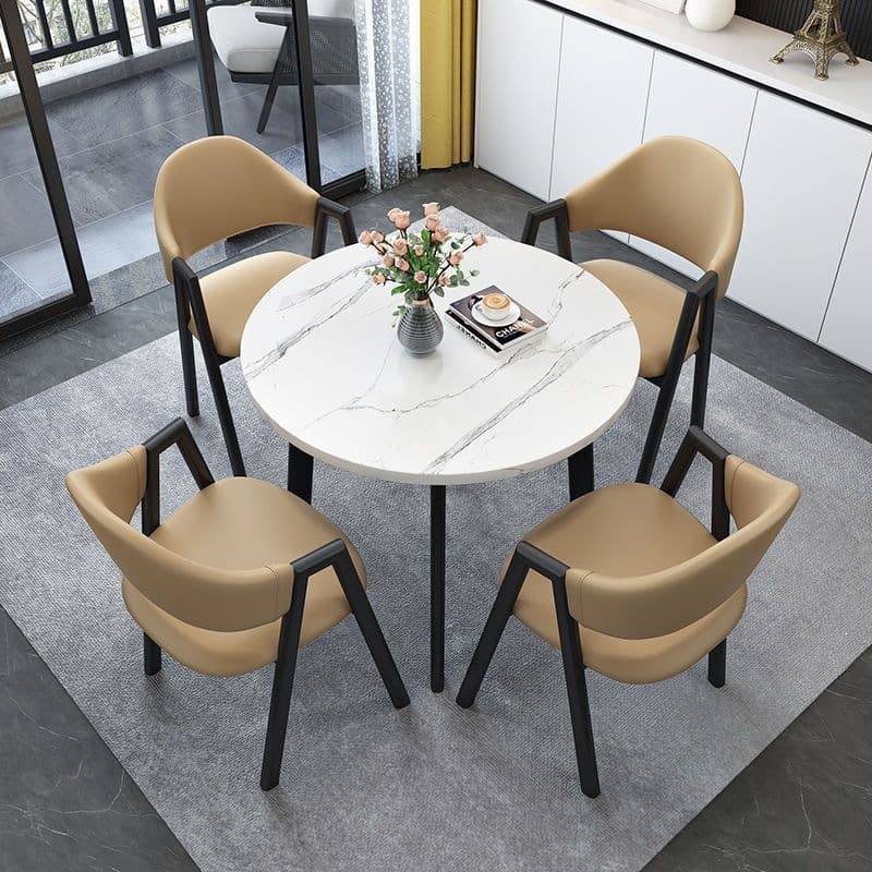 Imitation white marble table + khaki leather chair