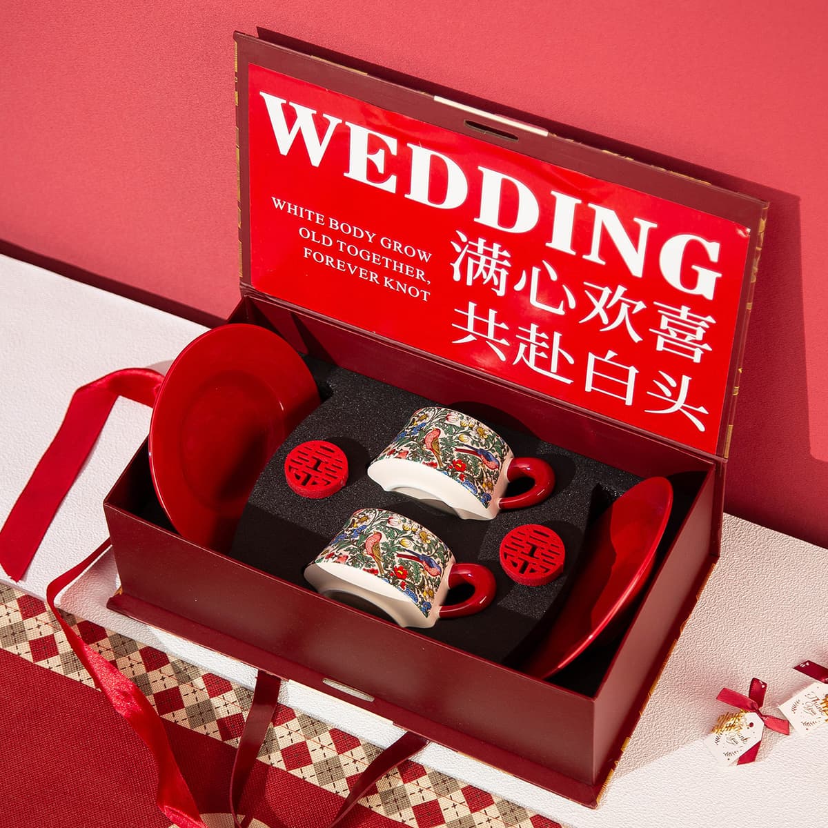 Matching cups - red handle + red handle morris floral cup and saucer set [new wedding gift box - overflowing with joy]