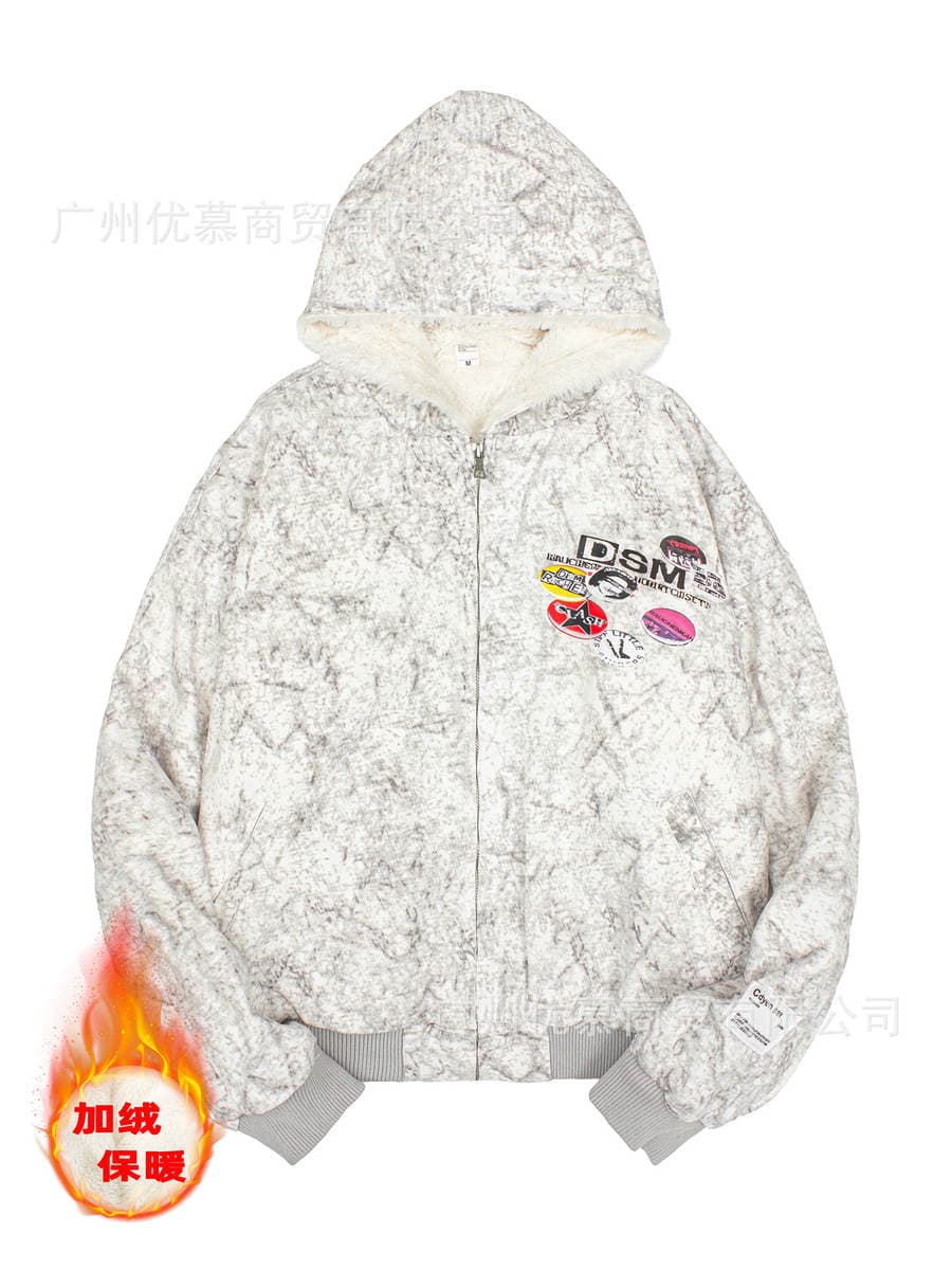 Cross-Border Men's and Women's Same Style Full-Print Velvet Thickeneded Cotton Jacket for Winter Loose Cashmere Warm All-In-One Hooded Jacket 1