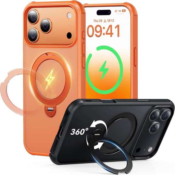 iPhone 17 Pro Max / Apple 16E üçün 360 dərəcə maqnitli fırlanan stendli mat telefon qabı