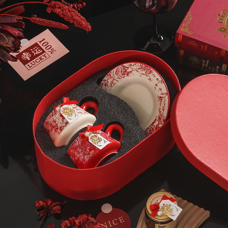 Matching cups - red + white festive rose cup and saucer set [red oval gift box]