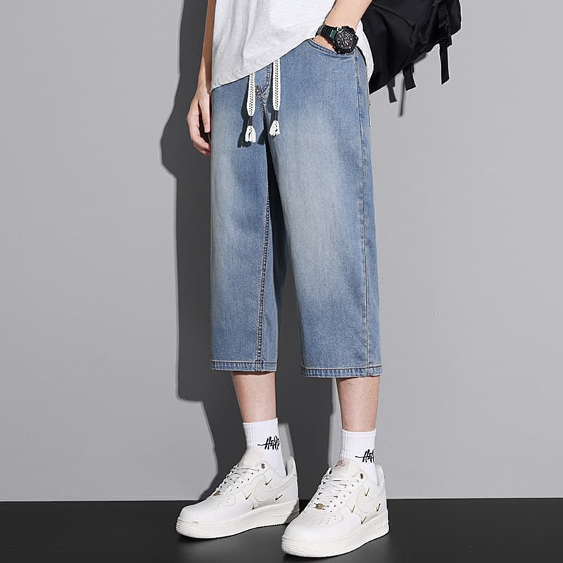 7002 nostalgic blue tencel elastic waist drawstring—cropped pants
