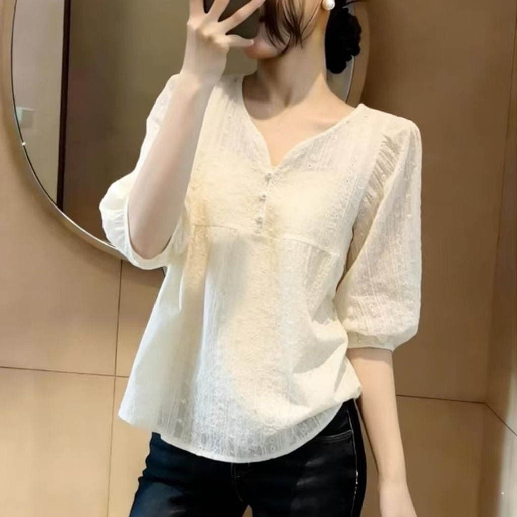 Casual V-Neck Puff Sleeve Shirt for Women, Summer Loose Fit for Plus-Size Girls, Slimming Design, Unique and Youthful Top 1