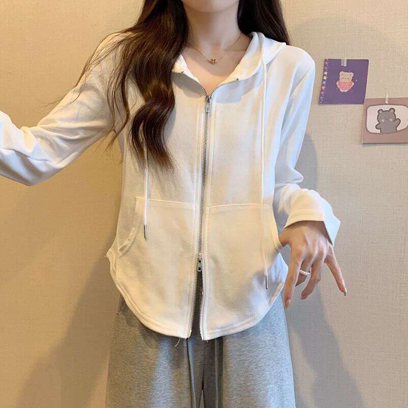 Design solid color zipper hooded sweater for women 2023 autumn and winter new casual cardigan long sleeve plus size coat top 4