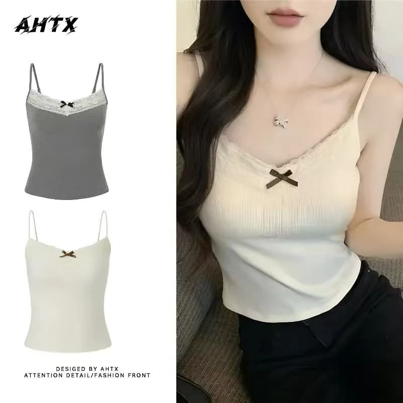 Sweet & spicy bowknot cami top - versatile lace trim vest - women's grey - one size fits most (recommended 45-60kg) 2082749