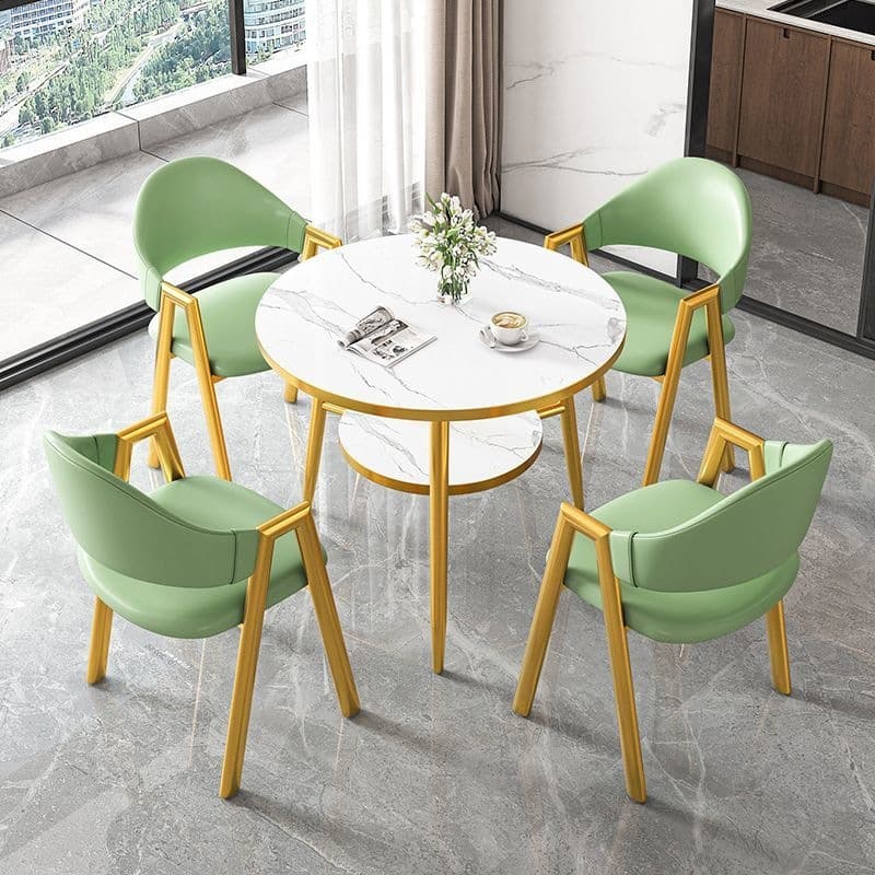 Round table + 4 bean green leather chairs - gold legs