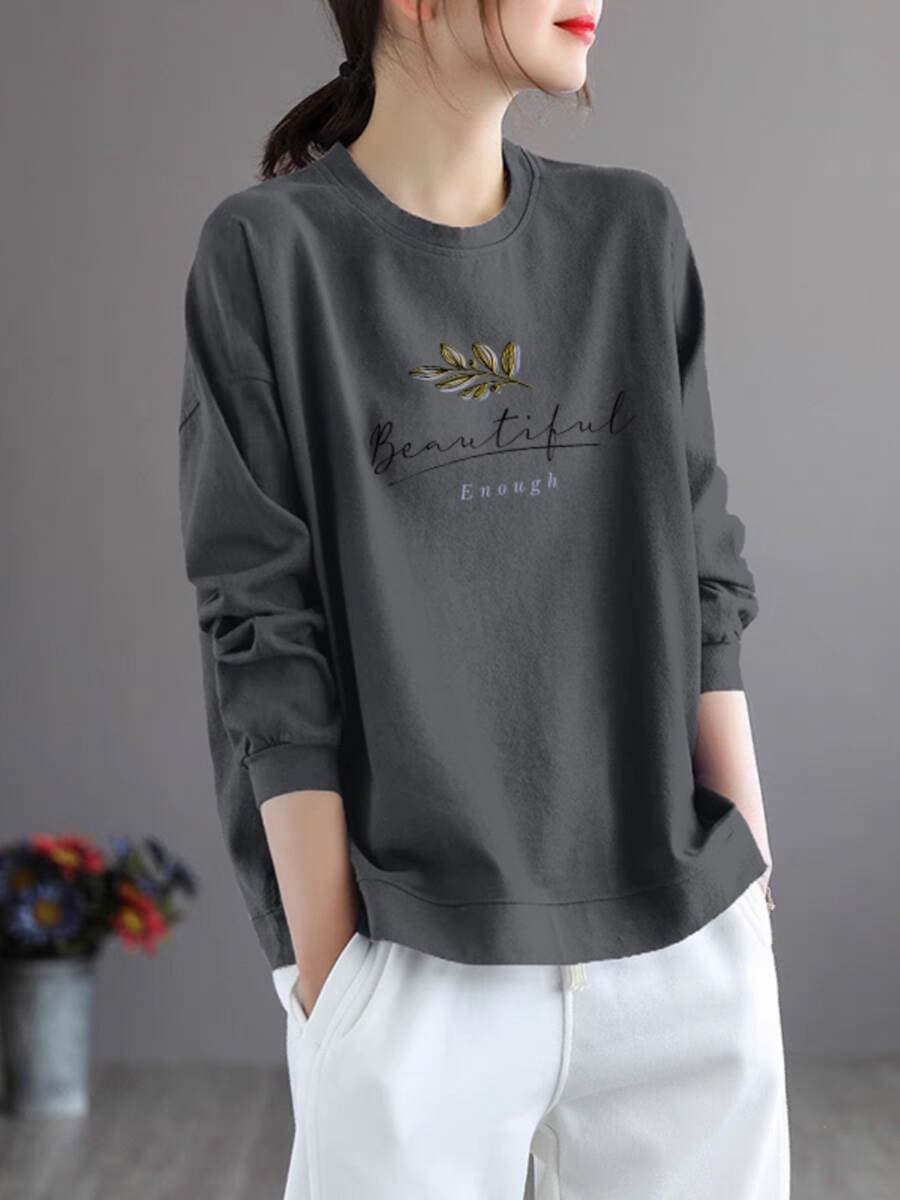 Qadınlar üçün Dəyirmi Yaxalı, Uzunqol, Gündəlik, Zərif, Yaş Azaldan Təmiz Pambıq T-shirt. 2