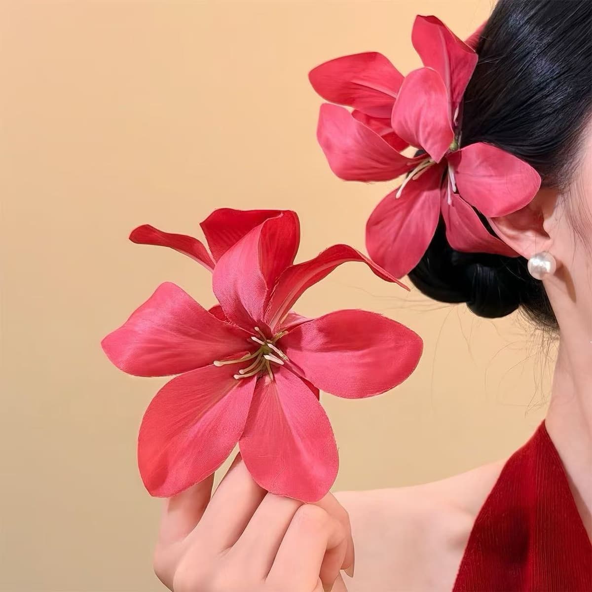 7389 five-petal orchid double flower hairpin-rose red