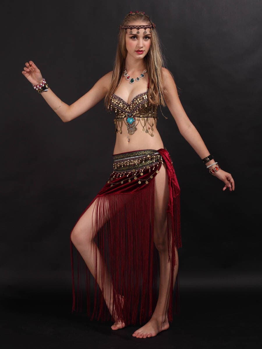 European and American Style Belly Dance Costume Tassel Ethnic Dance Xizang Costume Tribal Princess Ethnic Minority Women's Two-Piece Christmas Set 4