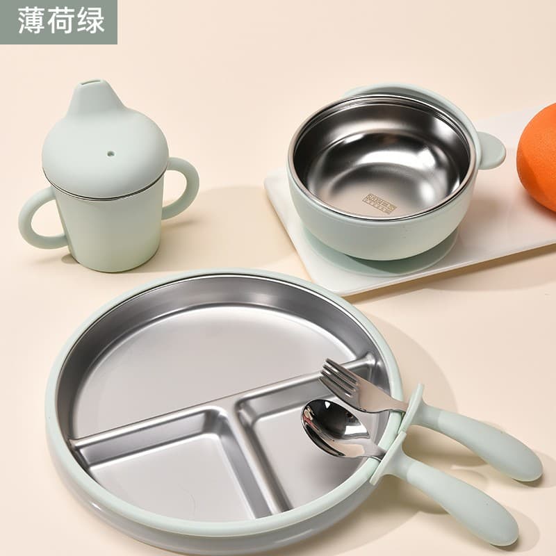 Mint green [little bear bowl + cup + 20cm plate + fork + lid]