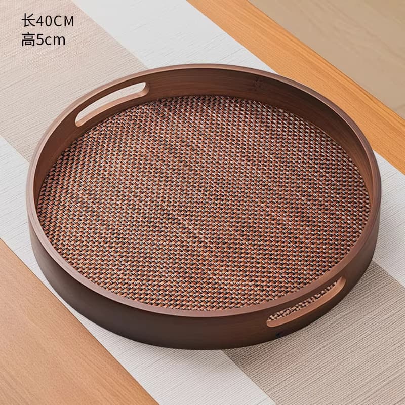 Round (40x40x5cm) hollow brown handle tray + imitation bamboo mat