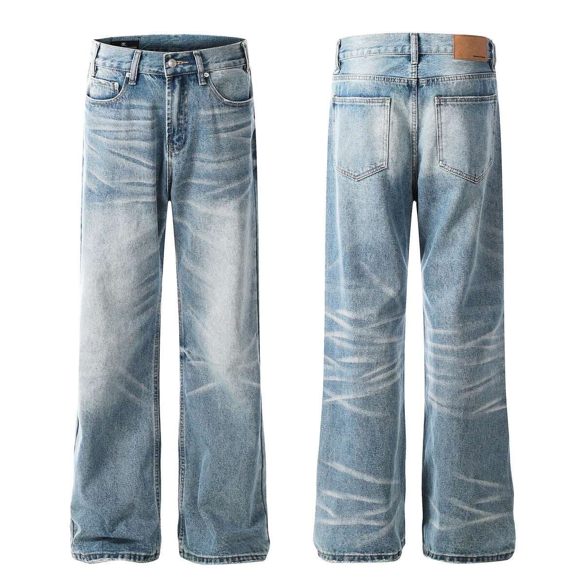 Fx067 American Retro High Street Style Unisex High-End Washed Blue Design Men's Loose Flared Jeans 4