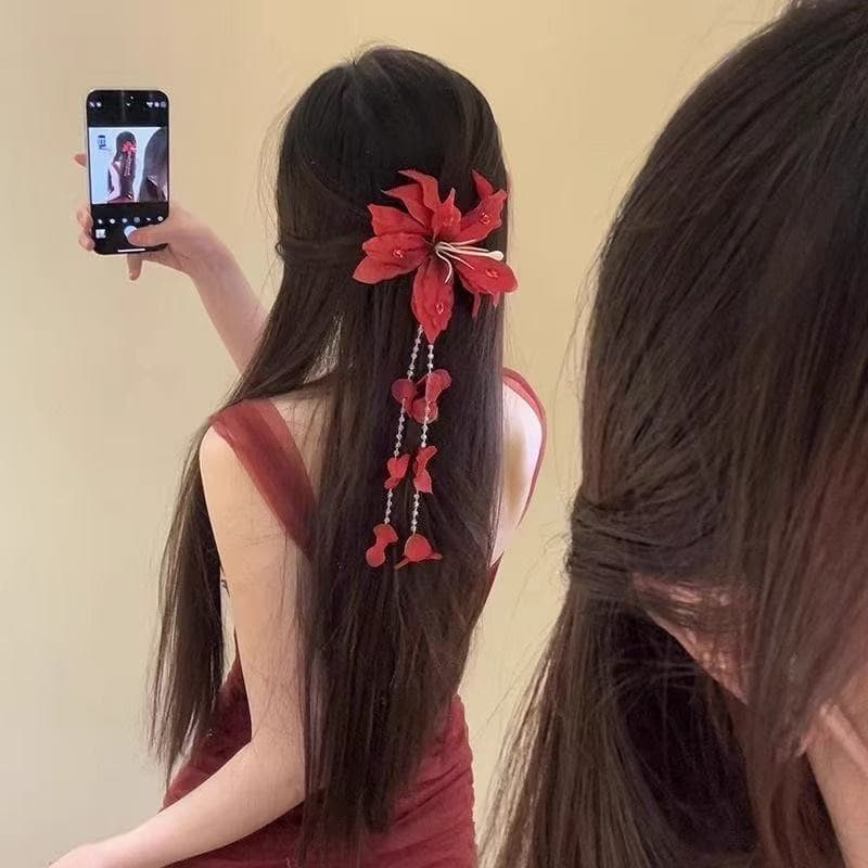 5816 delicate red flower tassel hairpin
