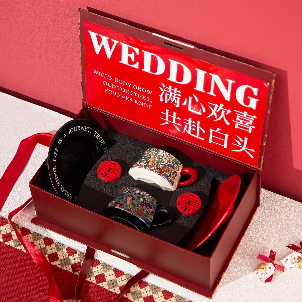 Matching cups - red handle + black handle morris floral cup and saucer set [new wedding gift box - overflowing with joy]