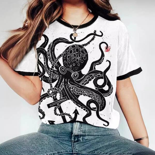 [Customized Processing] Women's T-Shirt Top with Octopus Print Short Sleeves for Layering, Cross-Border Shopee American-Style Inner Wear