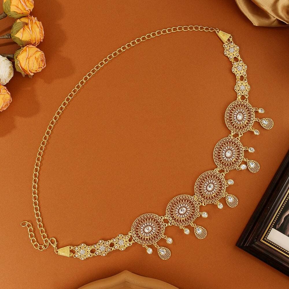 Dunhuang exotic ethnic waist ornaments golden geometric oval alloy hollow diamond tassel waist chain belt women 3