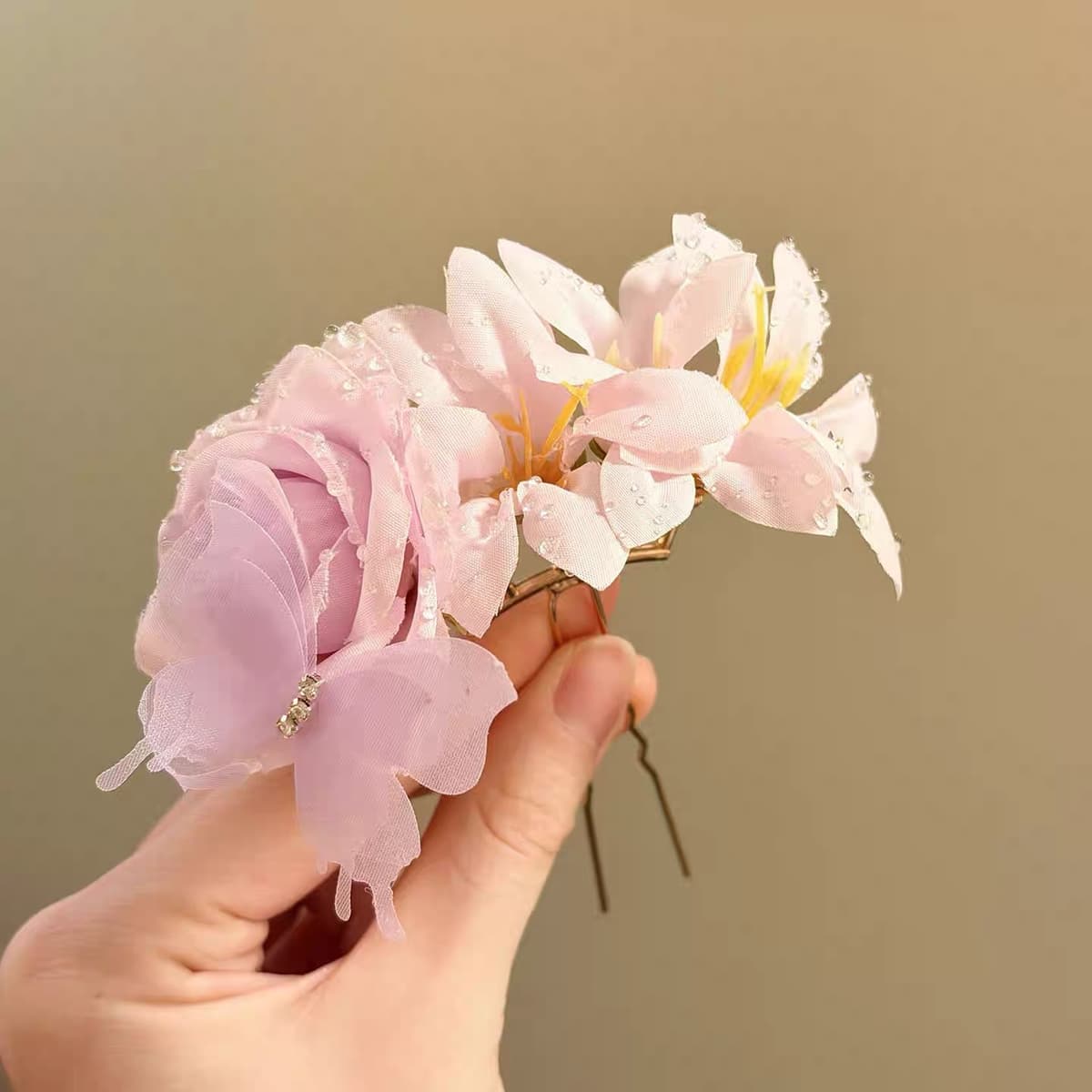 Single pink butterfly flower hairpin
