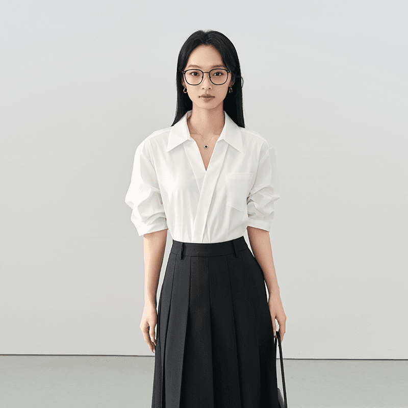 Blue V-Neck Shirt for Women, New Spring Style for Interview Wear, Elegant Suit with Formal Short-Sleeved Professional Shirt Underneath 2
