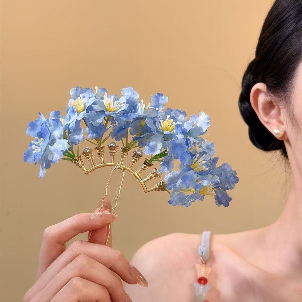 7390 pearl flower jinjiu hairpin-blue
