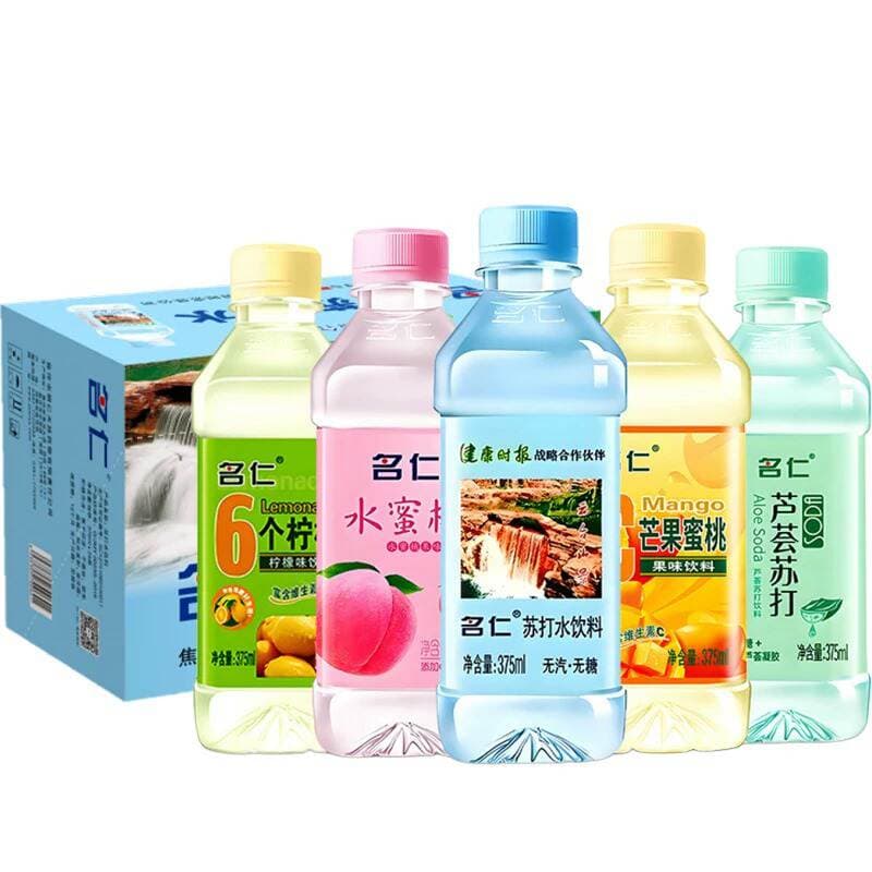 Mingren Soda Water 375ml*24 Bottles of Original Flavor Lemon, Aloe Vera, Rose, Peach, and Mango Flavored Non-Carbonated Drinks, Whole Box 1