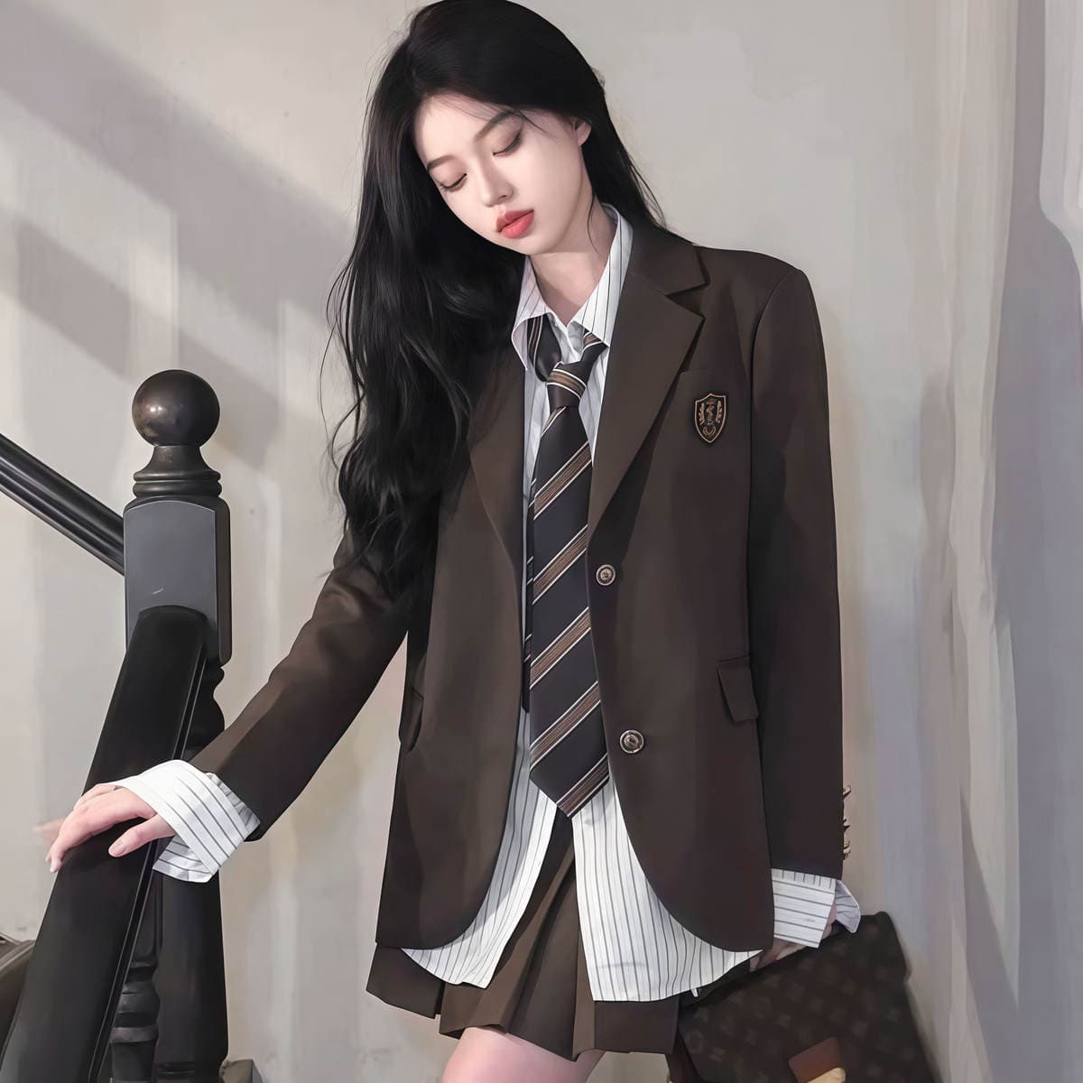 Japanese College Style Burgundy Striped Tie with Shirt, Bow Tie, Hand-Tied Neckerchief, Neck Accessory, Belt, Waist Rope 2