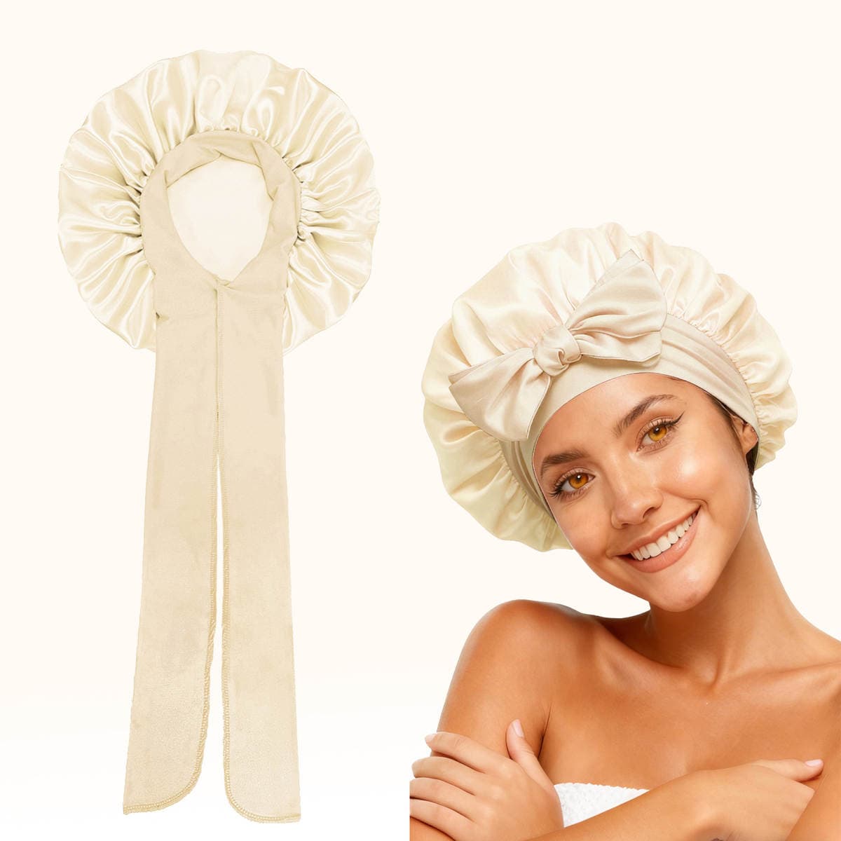 Amazon Single-Layer Satin Ribbon Cross Round Hat with Bow, Imitation Silk Beauty and Hair Care Hat, Sleep Cap for Women Wholesale 5