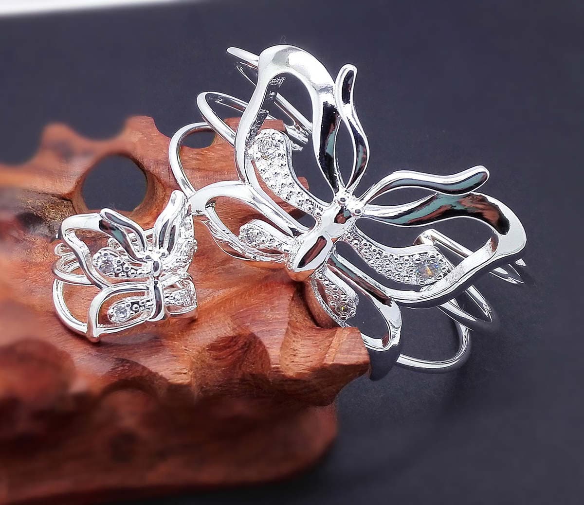 Foreign trade jewelry silver inlaid zircon exquisite butterfly bracelet ring set fashion explosion silver jewelry wholesale