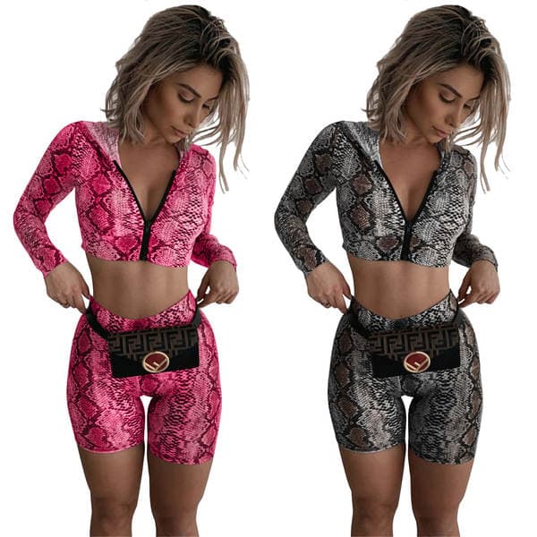 3076 Amazon European and American Elegant Fashion Snakeskin Crewneck Long Sleeve Jacket Slim-fit Two-piece Suit