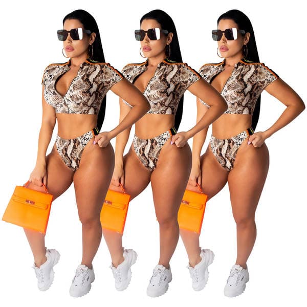 D9068 Cross-border Women's Clothing Amazon Hot Selling European and American Women's Sexy Snake Print Short-sleeved Two-piece Swimsuit