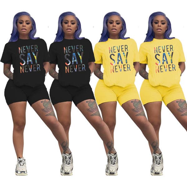 D9240 Amazon Hot Selling European and American Women's Fashion Casual Solid Color Star Letter Printed Short Sleeve Two-Piece Set