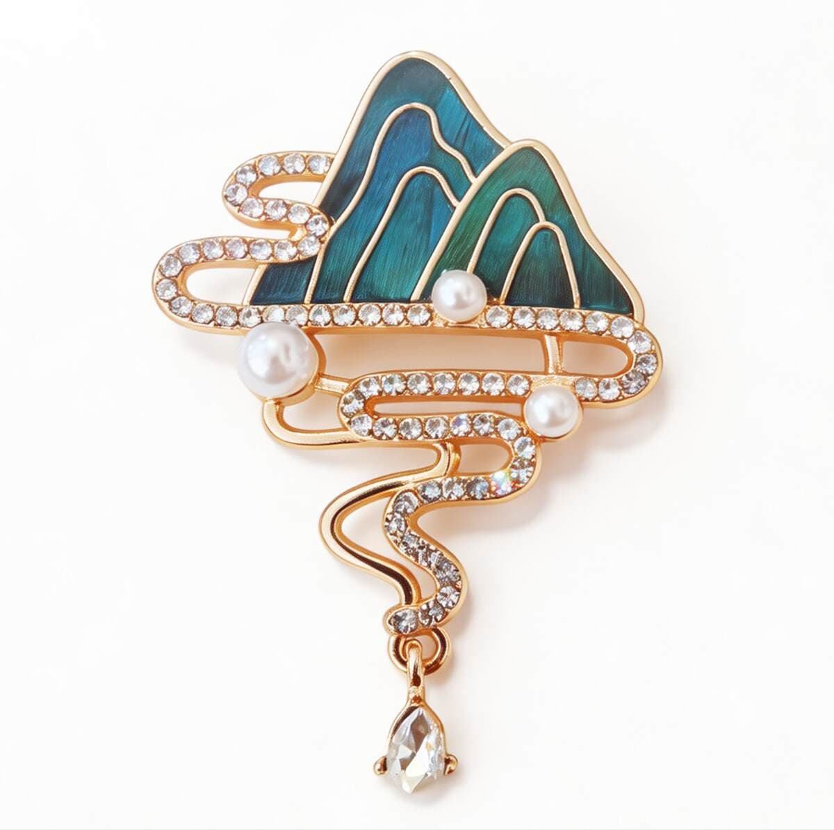 New Chinese-Style National Style Brooch with Jade Inlay, Landscape Brooch, Popular Cultural and Creative Product from Scenic Spots, Natural Peacock Feathers, Perfect for Friends' Photoshoots