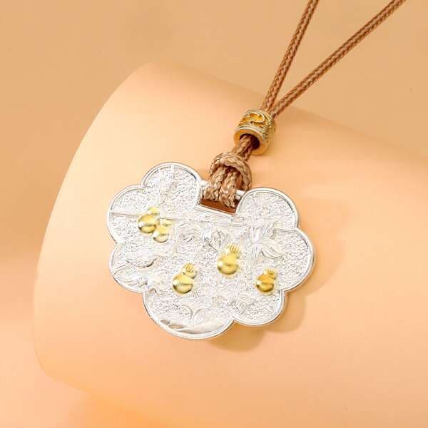 No. 8948 Pure Silver 999.9 Gold-Painted Small Gourd Lock Pendant Necklace, New Chinese Style National Trend Necklace