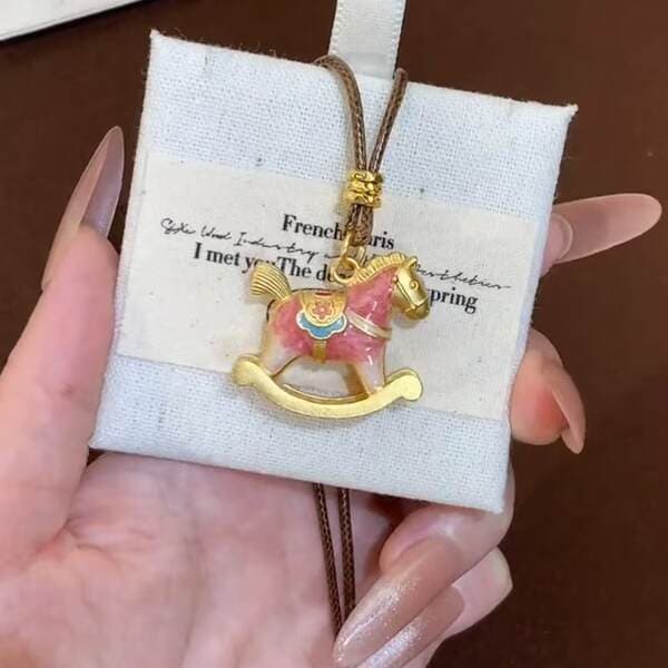 No. 8962 Pure Silver 999.9 Enamel Colorful Cute Little Rocking Horse Pendant Necklace Exquisite and Stylish National Trend Necklace