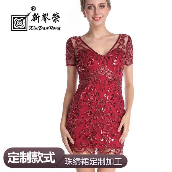 Factory Customized Short Sexy Retro Sequin Dress Nightclub Party Eye-Catching V Neck Hip-Hugging Slim Dress