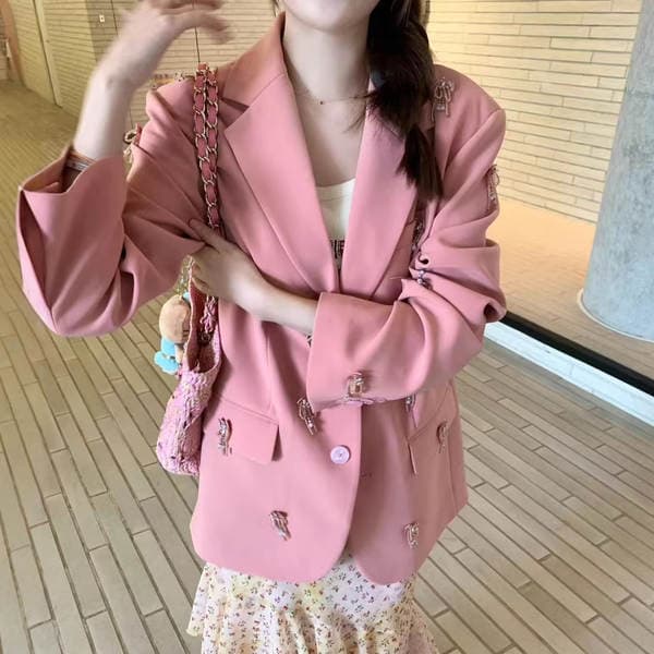 2026 New French-Style Bowknot Beaded Tassel Loose Blazer for Women, Spring Heavy-Duty Rhinestone-Studded Stylish Small Suit